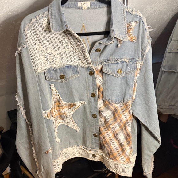 POL Denim Jacket with Star and Plaid Accents - Picture 1 of 3